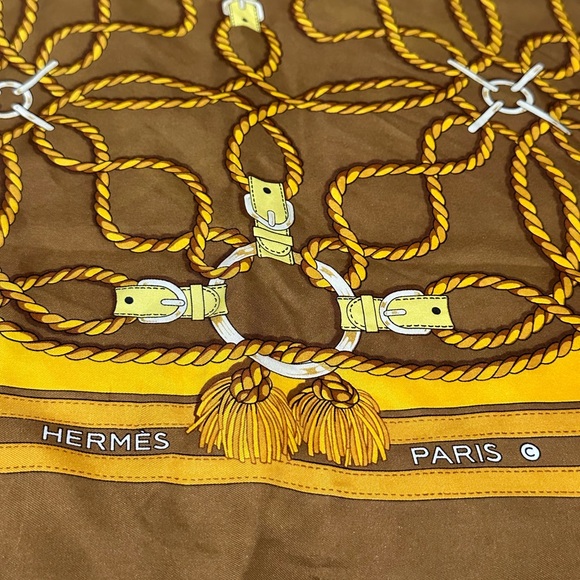 Hermes Bridle Equestrian Brown Vintage 31x30 Silk Scarf - Picture 5 of 7